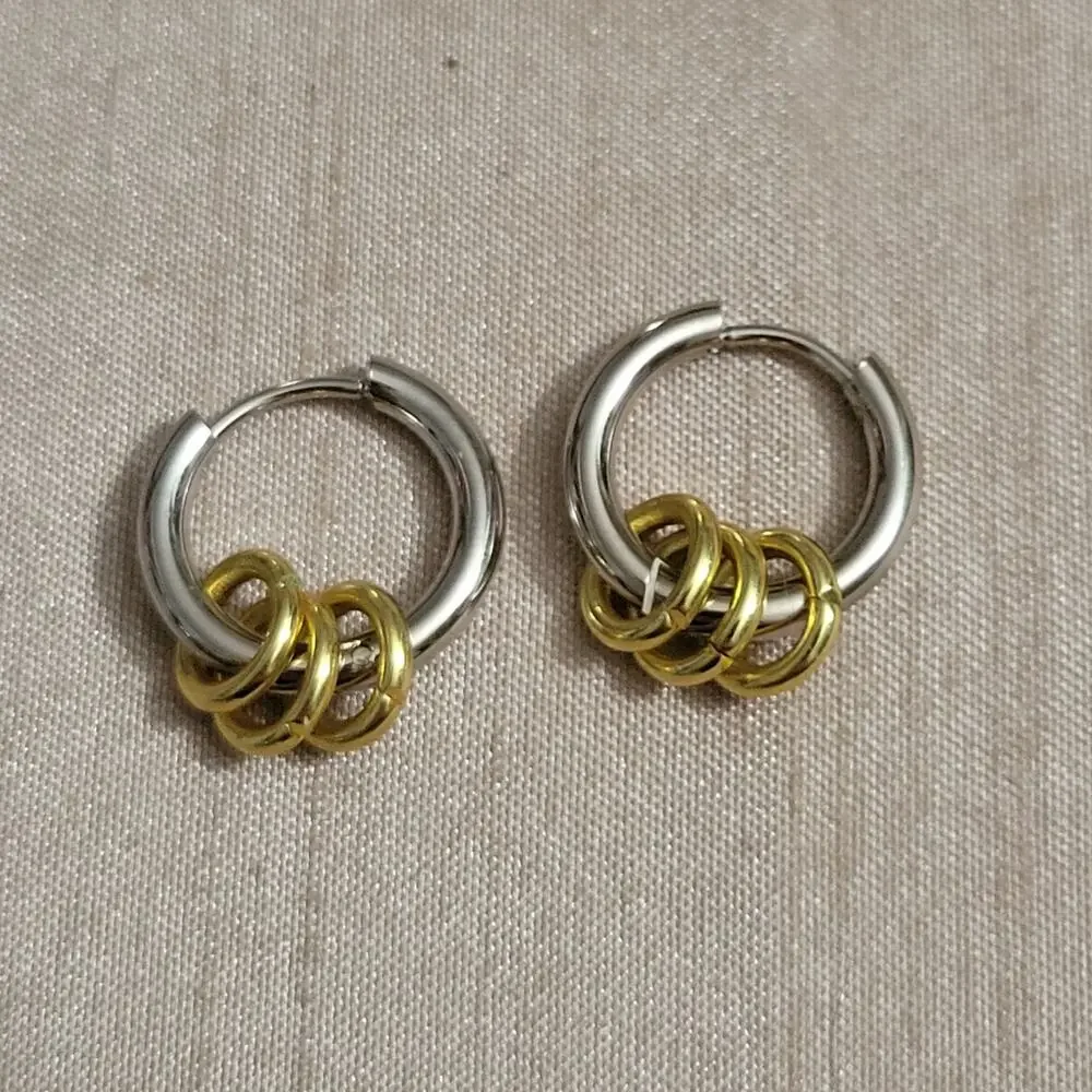 silver & gold two tone stainless o-ring charm mini hoop earrings